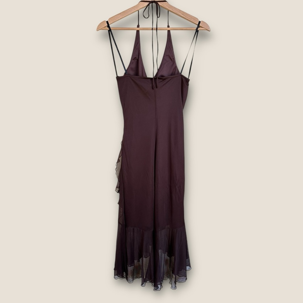 Y2K Brown Halter Dress Coquette Goth Tiered Ruffled Midi - Picture 2 of 6